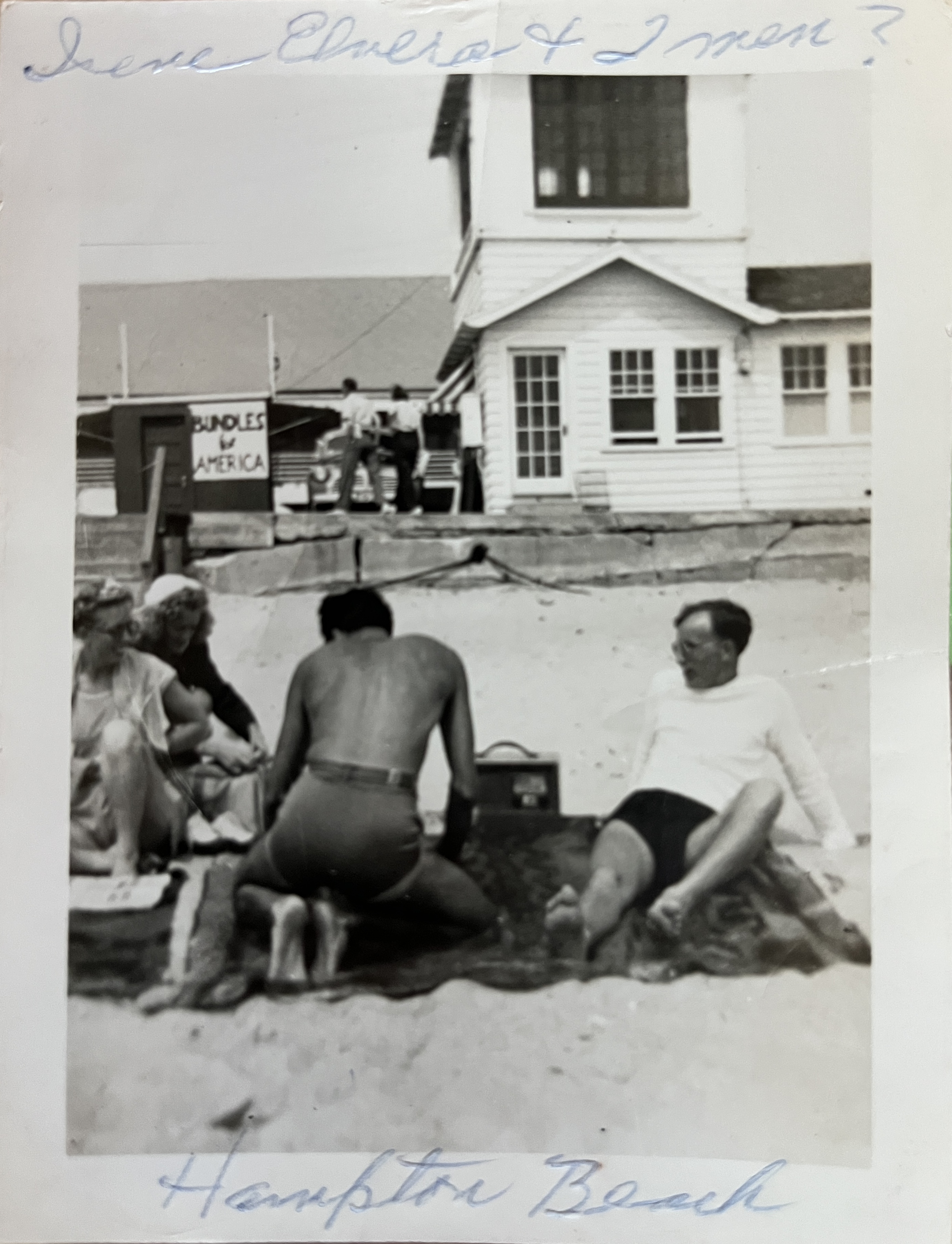 My grandmother at Hampton Beach with some friends during the war (Note the "Bundles for America" sign in the background)