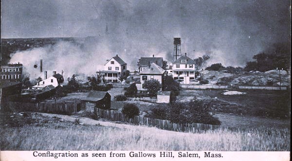 Photo of the Great Salem Fire in June, 1914. Taken from Gallows Hill with 21, 23, 24 & 25 Proctor St visible in the distance. I tried to put the map pin roughly where I think this photo was taken.
